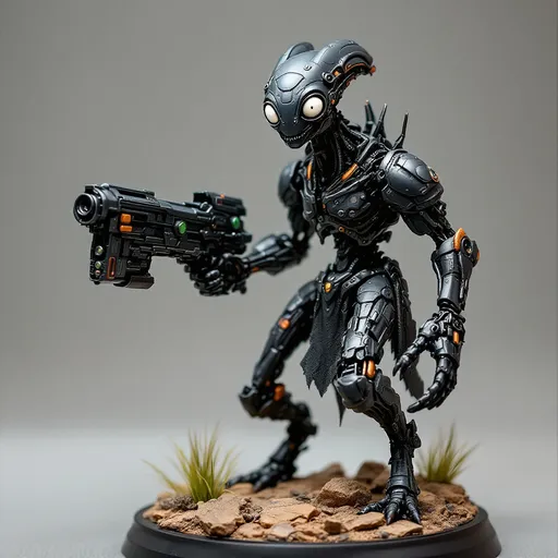 Prompt: Perched dynamically on a textured brown rocky base with tufts of painted grass, a formidable, black color-hued mechanical and flesh cyborg alien-like creature stands out, showcasing a blend of organic and mechanical elements. It features a slender neck topped with an expressive head, where wide, white eyes peer with an intriguing mix of intelligence and curiosity. Encasing its shoulders is a futuristic armor adorned with intricate designs, while it grips a bulky weapon that augments its fierce appearance. The contrasting colors of matte and glossy paint bring depth to the figure, capturing attention with its vibrant accents, like hints of orange and green on the weapon. This impressive miniature evokes a sense of action and storytelling, suggesting a narrative steeped in a sci-fi universe where technology meets primal instincts.