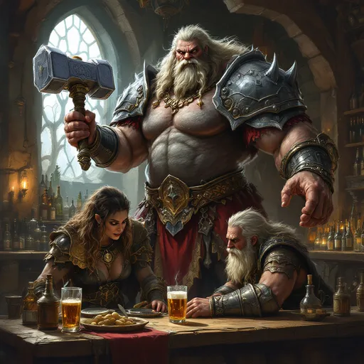 Prompt: a towering great giant of a woman, easily eight feet tall and muscled bulks of flesh beneath her armored dress hefts a fantasy hammer as her weapon and offers to arm wrestle the barkeep for a flagon of ale.