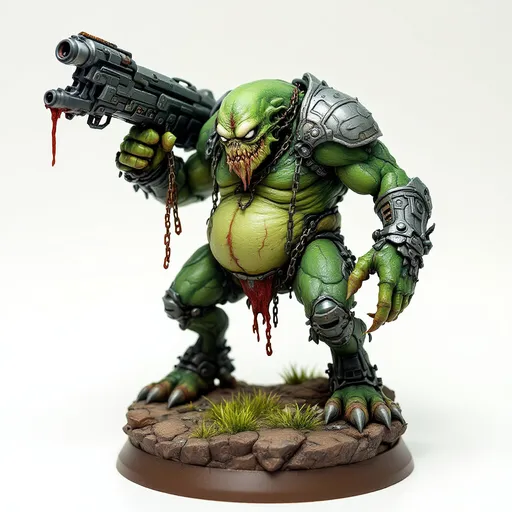 Prompt: Perched dynamically on a textured brown rocky base with tufts of painted grass, a formidable, toxic green and slime-hued fat mutated lab specimen-like creature WITH BROKEN CHAINS HANGING stands out, showcasing a blend of organic and mechanical elements. It features a slender neck topped with an expressive head, where wide, white eyes peer with an intriguing mix of intelligence and curiosity. Encasing its shoulders is a futuristic armor adorned with intricate designs, while it grips a bulky weapon that augments its fierce appearance. The contrasting colors of matte and glossy paint bring depth to the figure, capturing attention with its vibrant accents, like hints of orange and green on the weapon. This impressive miniature evokes a sense of action and storytelling, suggesting a narrative steeped in a sci-fi universe where technology meets primal instincts.