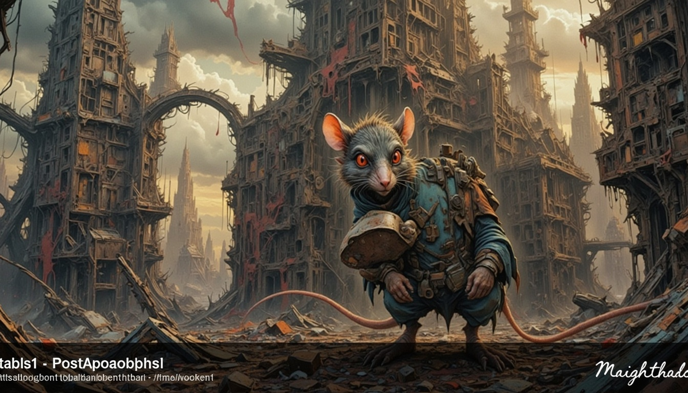 Prompt: mouse hero explores the ruins of the mouse apocalypse