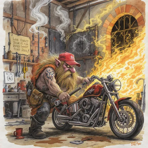 Prompt: hand drawn in thick inks, colored with watercolors - an artists exploration of the supernatural fae in the realm of the real.  A "Red Cap" angry dwarf fae mechanic swings a wrench at the motorcycle he is working on, while hints of the magical world try and slip into the windows and great doors of the garage around him.  