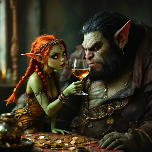 Prompt: photorealistic fantasy world image - with orange hair tied in intricate braids, a tiny yet fierce eyed green skin goblin girl wearing the silks of a high class courtesan lifts a clear glass of wine up to a fat black haired ogre of a mans lips to let him drink, distracting him as her other hand pulls coins from his purse.
