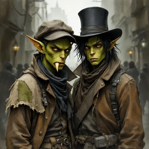 Prompt: hand drawn in black inks and colored with water paints - Two gritty green skin early teen boys stand closely together in a hazy, indistinct environment that suggests an urban setting from a fantasy bygone era. One boy, wearing a flat cap stuck over his long pointed ears, has a somber expression as he sucks at a lone tooth/tusk jutting from the right side of his jaw.  The other boy sports a tall, black top hat pulled down over greasy black hair tied with strings.  He has a serious demeanor, indicating a sense of resilience amidst hardship. Both of their clothes are patched with odd mismatching colored cloth patches, but their leather and hide coats look sturdy and warm.  The muted color palette of browns and grays enhances the mood, evoking a time of struggle and survival. Soft lighting creates a slightly blurred background, suggesting a busy street or alley filled with shadows and silhouettes, which adds depth and intrigue to their poignant presence. Together, they convey a narrative of innocence lost and the harsh realities of life, drawing the viewer into their story.