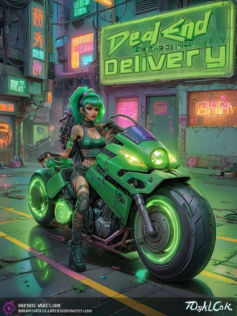 Prompt: Columbian Latina beauty with cyberpunk pink in her hair lit by woven in LED lights, sits mounted on her cyberpunk motorcycle in a cyberpunk alleyway.  She has one cyborg arm and wears a green lace see through top and torn jeans.  The sign on the shop behind her reads "Dead End Delivery"