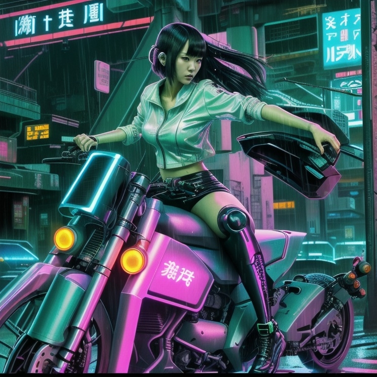 Prompt: Tall young cybernetic japanese woman deftly riding her cyberpunk futuristic motorcycle down dark cyberpunk apocalyptic streets.