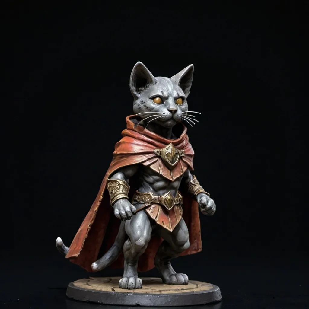 Prompt: a statue of a cat wearing a cape and a cape on its head, with a black background,, Altichiero, sots art, gloomhaven, a character portrait