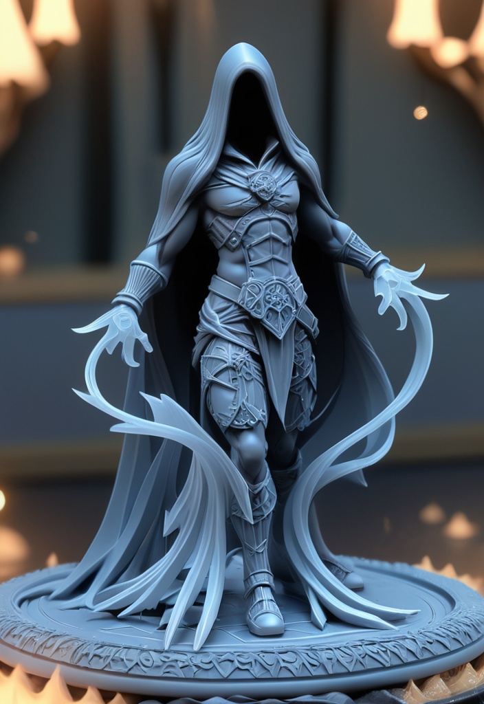 Prompt: (3D Printable Resin Miniature), detailed gaming character, dynamic pose, intricate features, gray resin, fantasy theme, ultra-detailed design, perfect for tabletop games, emphasizing textures and detailing, stylish contours, high-quality rendering, immersive atmosphere, captivating representation of gaming lore, suitable for advanced printing techniques.