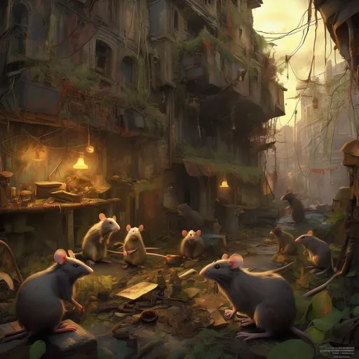 Prompt: post apocalyptic Anthropomorphic secret of nymh rats surviving in a new growing society