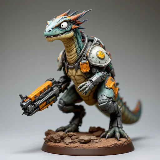 Prompt: Perched dynamically on a textured brown base, a formidable, multi color-hued dinosaur-like creature stands out, showcasing a blend of organic and mechanical elements. It features a slender neck topped with an expressive head, where wide, white eyes peer with an intriguing mix of intelligence and curiosity. Encasing its shoulders is a futuristic armor adorned with intricate designs, while it grips a bulky weapon that augments its fierce appearance. The contrasting colors of matte and glossy paint bring depth to the figure, capturing attention with its vibrant accents, like hints of orange and green on the weapon. This impressive miniature evokes a sense of action and storytelling, suggesting a narrative steeped in a sci-fi universe where technology meets primal instincts.