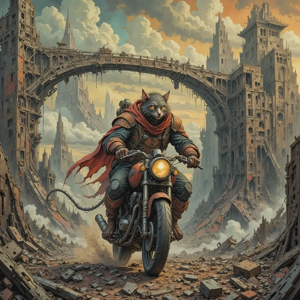 Prompt: an ancient bridge spreads out across the ruined ravine, and the tom cat and his posse ride across on futuristic motorcycles