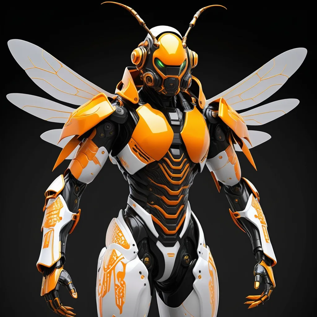 Prompt: lithe cybernetic full slim body power armor suit and mask in the style of a japanese samurai wasp hero.  colored in whites, blacks and glowing oranges, with stinger blade arms and glowing cybernetic wasp wing flying pack on the back.