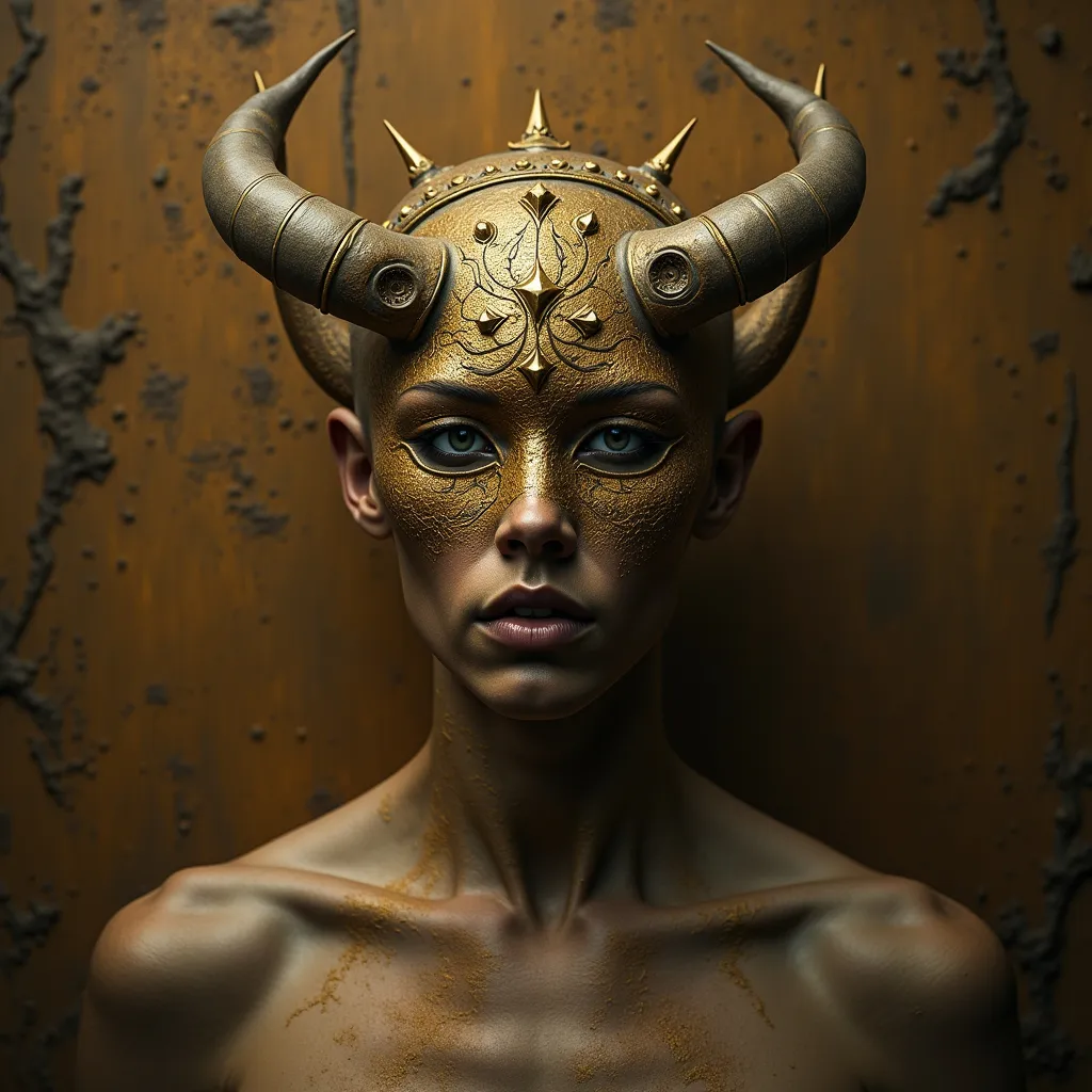 Prompt: A striking figure emerges from an earthy, textured background, characterized by swirling shades of brown and gold that suggest an atmosphere steeped in mystery. The centerpiece is a humanoid form adorned with an ornate, gold mask, intricately detailed with embellishments and featuring hollowed eyes that exude a haunting presence. Horn-like structures protrude from the sides of the mask, enhancing its otherworldly appeal, while the figure’s neck is depicted with defined lines suggesting strength. The overall composition draws the viewer’s gaze directly to the mask, creating a surreal contrast between the raw, unrefined depiction of the body and the elaborate craftsmanship of the mask, evoking feelings of ancient ritual or folklore. The warm hues and subdued lighting contribute to a captivating, almost eerie mood, inviting deeper contemplation of the narrative behind this enigmatic character.