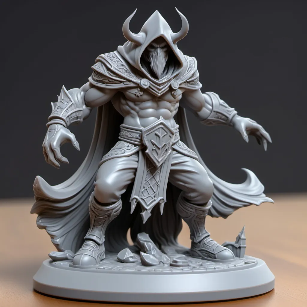 Prompt: 3D Printable Resin Miniature, detailed gaming character, dynamic pose, intricate features, solid gray resin, fantasy theme, ultra-detailed design, perfect for tabletop games, emphasizing textures and detailing, stylish contours, high-quality rendering, immersive atmosphere, captivating representation of gaming lore, suitable for advanced printing techniques.