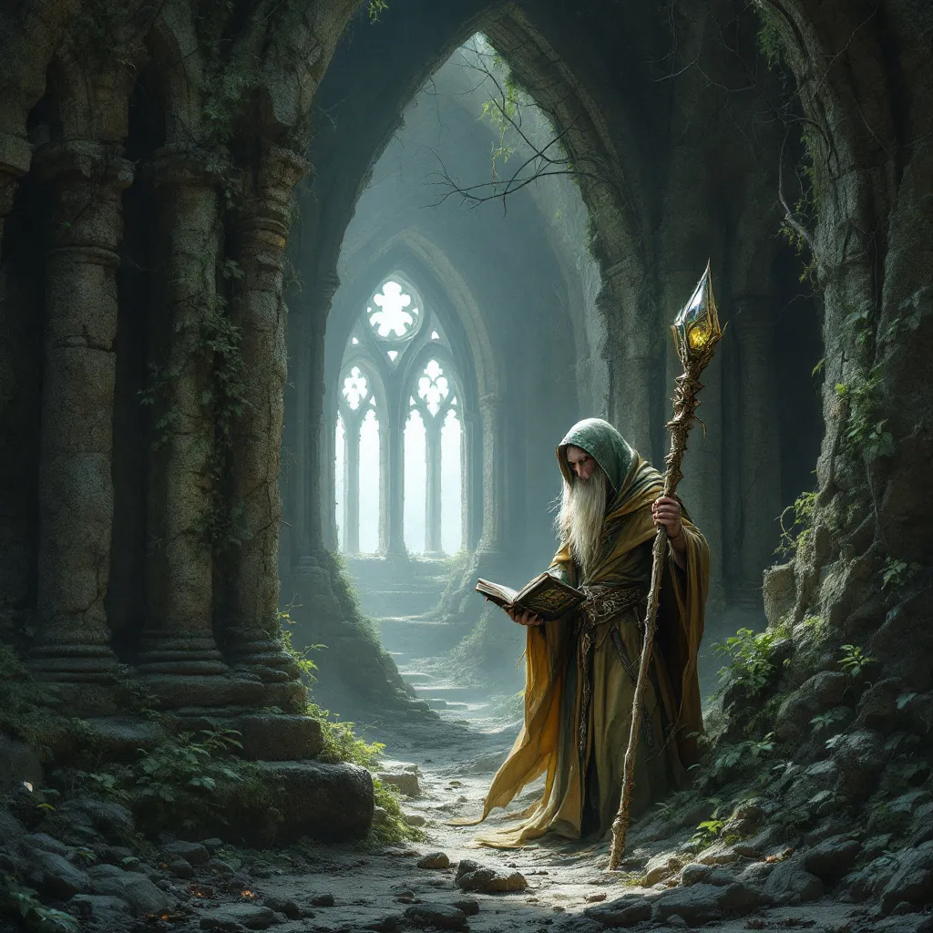 Prompt: Emerging from the shadows of an ancient, mystical arched ruin buried in dust and thorns, a striking figure of a wilde fae inspired beareded elf of near wild proportions and mythic wisdom - clutching a wizards spell book and staff looks about to make sure the perimeter is safe - he is a wizard of thorn and briar, a fey lost child touched by the insanity of the faeirie realm itself.  his robes are craft of green and yellowed leather, with a hood of spiderweb white.  his staff is hand carved of elder wood, and shines with imbedded crystals up and down its shaft.  
