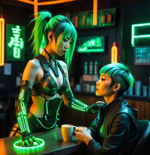 Prompt: Sci-fi Heroine, Japanese woman with green hair lit by inner woven green led's sparring cyberpunk style, with a biomimetic wired man in japanese coffee shop, highly detailed, HD, dark background lit by neon argon and glowing orange lights