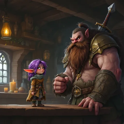 Prompt: a slight framed slip of a girl gnome with purple hair stands on the bar, and is still shorter than her travelling companion, the massive wide firbolg warrior who has to duck to prevent his sword handle on his back from hitting the ceiling 