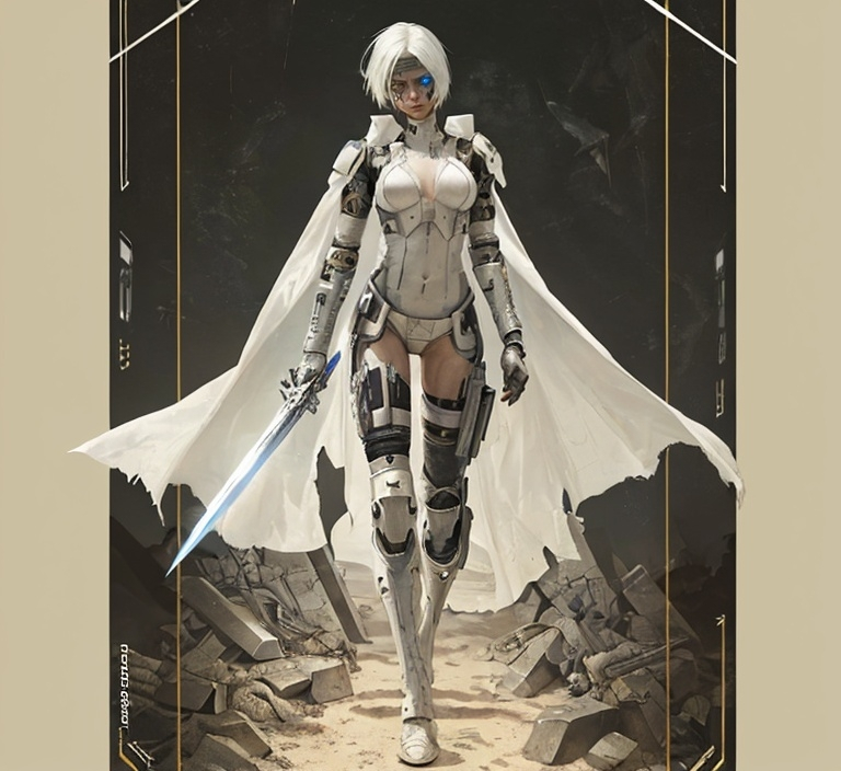 Prompt: post apocalyptic cyberpunk female cyborg soldier in pristine white body armor and carrying laser edged blades for weapons.