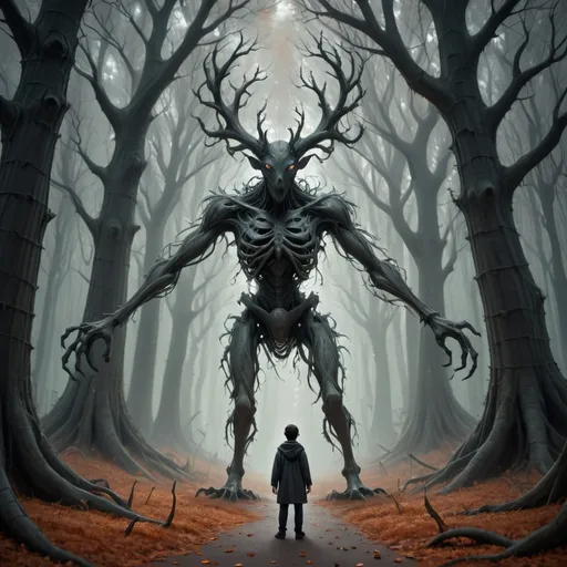 Prompt: In a haunting forest scene imbued with an eerie atmosphere, an otherworldy figure with oversized oddly bend limbs stands prominently amidst the carpet of fallen leaves, just behind him over his left shoulder is a translucent echo image of the same creature. 
 The pair are surrounded by tall trees that filter the soft light. The individual, partially obscured by the blurred effect seems to drink in the shadows to hover around their forms, they wear a dark tall and oddly bent hat and a mask resembling that of a vaudevillian player, which adds a surreal and unsettling quality to the image. The black-and-white treatment enhances the sense of mystery and detachment, amplifying the shadows and highlights within the foliage. The composition cleverly employs overlapping layers, creating a ghostly effect as if multiple moments are frozen in time, inviting viewers to ponder the narrative between presence and absence. This striking visual evokes a mood of intrigue and unease, suggesting an exploration of themes such as identity and isolation within nature.