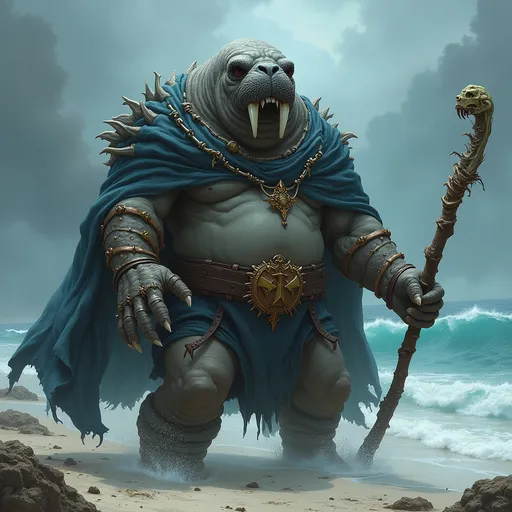 Prompt: dungeons and dragons style hero - Anthropomorphic Walrus necromancer wizard, summoning up the undead bones of dead fish and whales from the very sea to attack soldiers on the beach