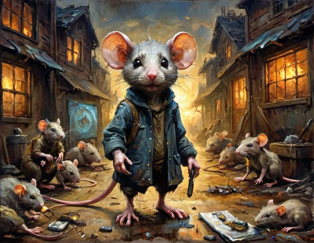 Prompt: Anthropomorphic survivor Rats build a new society in the post apocalypse secret of nimh salvage of human populations long dead