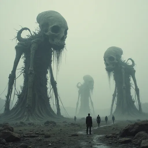 Prompt: In a surreal, dystopian landscape, towering structures resembling organic, skeletal forms rise from a barren ground marked by deep shadows and muted tones. These grotesque edifices, with their intricate web-like designs and dripping textures, create a haunting atmosphere, as if nature and architecture have merged into a nightmarish vision. Silhouetted figures roam the desolate space, their postures conveying a sense of wonder and trepidation as they navigate this eerie environment. The overall scene is shrouded in a diffuse, pale light, suggesting an otherworldly time and place, evoking feelings of isolation and the uncanny. This composition, with its blend of architectural fantasy and biological elements, powerfully portrays a narrative of exploration in a world caught between decay and the unknown.