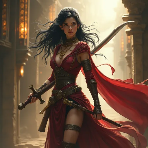 Prompt: A fierce elven woman warrior skin pale as moonlight, and hair black as night stands poised, exuding confidence and strength as she brandishes a curved sword, its blade reflecting the light. Dressed in a richly adorned outfit that mixes deep reds and earthy tones in layers and layers of sleek silks, she wears an intricately designed belt laden with various tools and weapons, enhancing her commanding presence. Her flowing garments billow dramatically, suggesting movement and the ability to conceal more weapons, while a light scarf drapes over her shoulders, adding an air of mystery. Adorned with golden jewelry and vibrant jewelry, her fierce expression conveys determination and charisma, hinting at an adventurous spirit and a story brimming with intrigue. The overall composition is striking and dynamic, inviting curiosity about her journey and the challenges she faces.  her left foot is placed on a balcony ready to leap out into the warm glowing city, off on some adventure