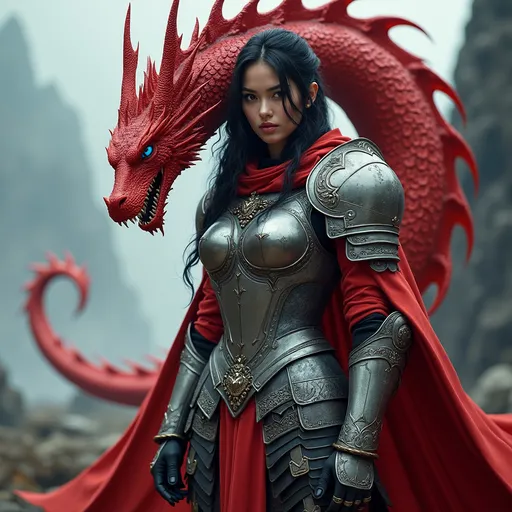 Prompt: Draped in intricately detailed armor adorned with scales, a fierce female warrior stands poised, exuding an air of confidence and strength. Her expression is serious, framed by striking black hair and a vibrant blue eyes, while her regal red cloak flows dramatically behind her. Coiling ominously above her shoulder, a majestic thin red dragon, its body curving like a flame, showcases fierce determination with sharp, menacing features and a long, sinuous tail. The Dragons eyes are a matching glowing blue to the female warrior.  Behind the pair the muted background, hinting at distant mountains and wisps of cloud, enhances the fantastical and mythical atmosphere of the scene, creating a captivating interplay between the warrior and her dragon companion. The overall palette, dominated by bold reds, blacks, and metallic grays, reinforces the theme of power and struggle, inviting viewers into a world where legend meets fierce artistry.