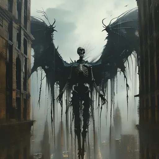 Prompt: In an ominous, atmospheric landscape, a skeletal figure with large, bat-like wings dominates the scene, soaring through a desolate city shrouded in darkness and fog. The towering silhouettes of crumbling skyscrapers stretch upward into the gloom, their shapes obscured by a mix of shadow and murky light, casting an eerie pall over the environment. Dressed in tattered armor, the figure grips tendrils or chains that hang ominously from its hands, adding a sense of menace and foreboding. The color palette skews towards muted browns and grays, enhancing the grim mood of the artwork, while the contrast between the central figure and the bleak background creates a powerful visual focus. This haunting scene evokes feelings of dread and unease, suggesting a narrative steeped in darkness and perhaps the exploration of despair within a ruined world.