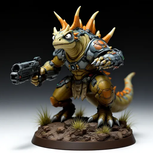 Prompt: Perched dynamically on a textured brown rocky base with tufts of painted grass, a formidable, multi color-hued squat and fat spike backed dinosaur-like creature stands out, showcasing a blend of organic and mechanical elements. It features a slender neck topped with an expressive head, where wide, white eyes peer with an intriguing mix of intelligence and curiosity. Encasing its shoulders is a futuristic armor adorned with intricate designs, while it grips a bulky weapon that augments its fierce appearance. The contrasting colors of matte and glossy paint bring depth to the figure, capturing attention with its vibrant accents, like hints of orange and green on the weapon. This impressive miniature evokes a sense of action and storytelling, suggesting a narrative steeped in a sci-fi universe where technology meets primal instincts.