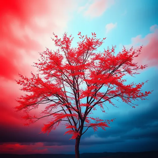 Prompt: a red tree with red leaves against a blue sky background with a red sky in the background and a red sky in the foreground, Chris Friel, shock art, wind, a screenprint