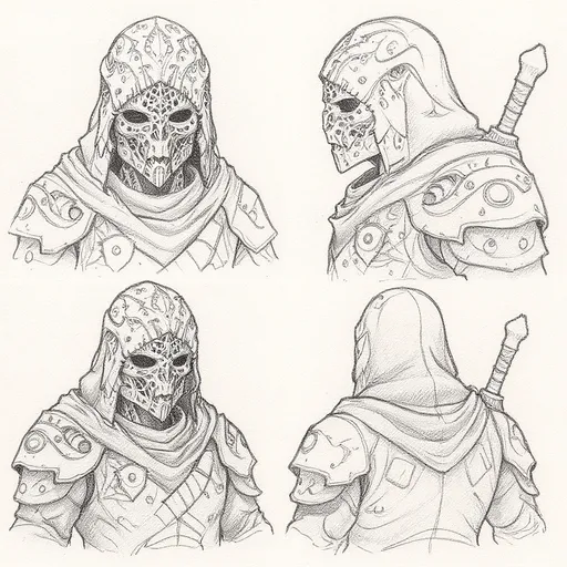 Prompt: rough hand ink drawn design sketches on draft paper - showing a hand inked version of this character also including side to side and a back view design