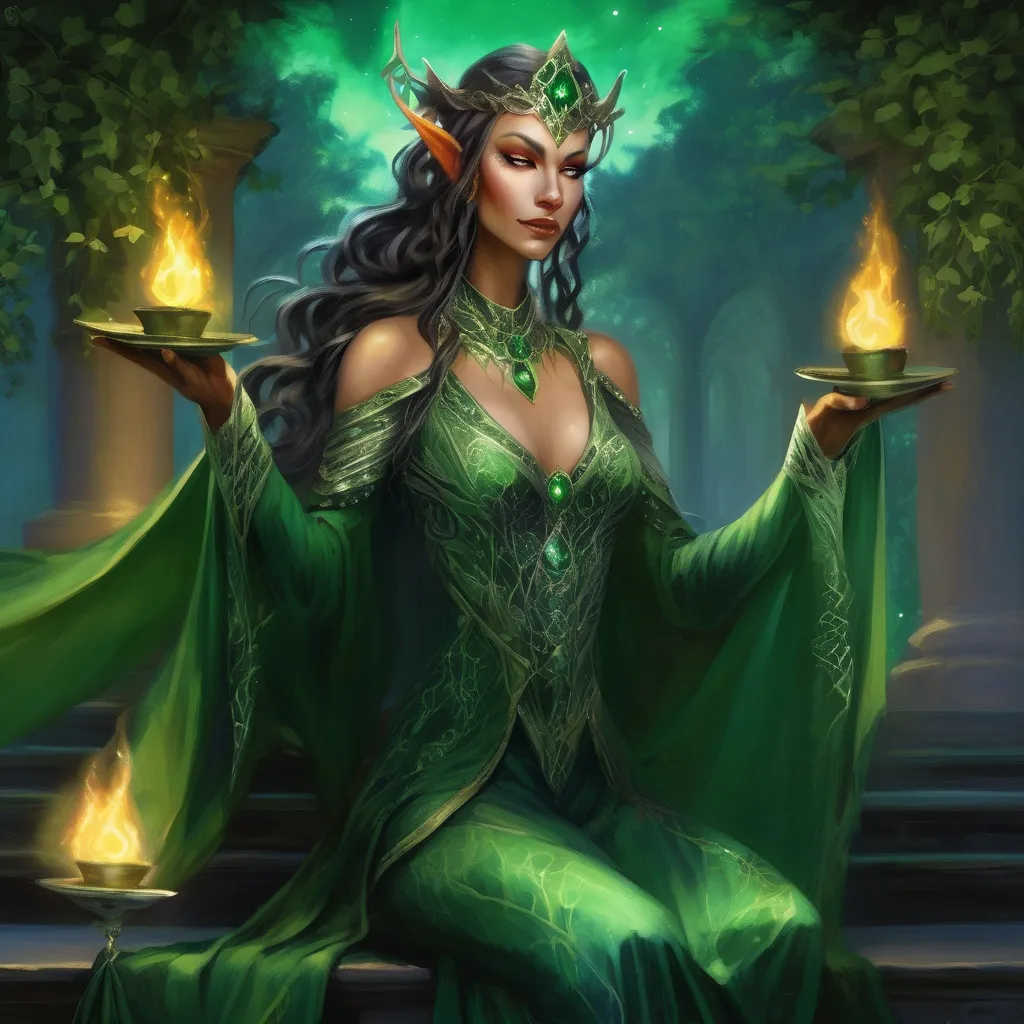 Prompt: elven courtesan of the night court, jeweled in greens and elegant silks, lit only by moonlight and flame torches in the palace gardens.  