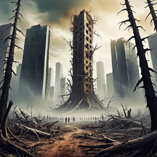 Prompt: Art Poster cover concept, a post apocalyptic crossroads in the middle of a dead forest with ruined skyscrapers in the background rising above the dead trees. The art title at the top reads "Change Comes at the Crossroads"