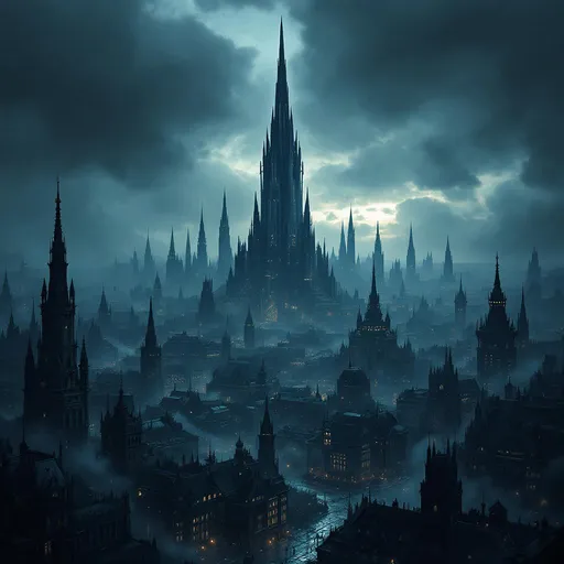Prompt: A sprawling, dark cityscape unfolds beneath an ominous sky, dominated by a colossal, spire-like tower that pierces the clouds with an imposing verticality. Shadows envelop the intricately designed buildings, their gothic architecture contrasting sharply with the futuristic elements that jut upward in the background. The scene conveys a sense of desolation and mystery, illuminated by sporadic lights that flicker among the structures, hinting at life in the depths of this sprawling metropolis. Wisps of fog cling to the ground, adding an ethereal quality to the atmosphere, while the low, brooding clouds suggest an impending storm, amplifying the mood of foreboding and intrigue. This image weaves a narrative of an enigmatic world where time seems suspended between the ancient and the futuristic.