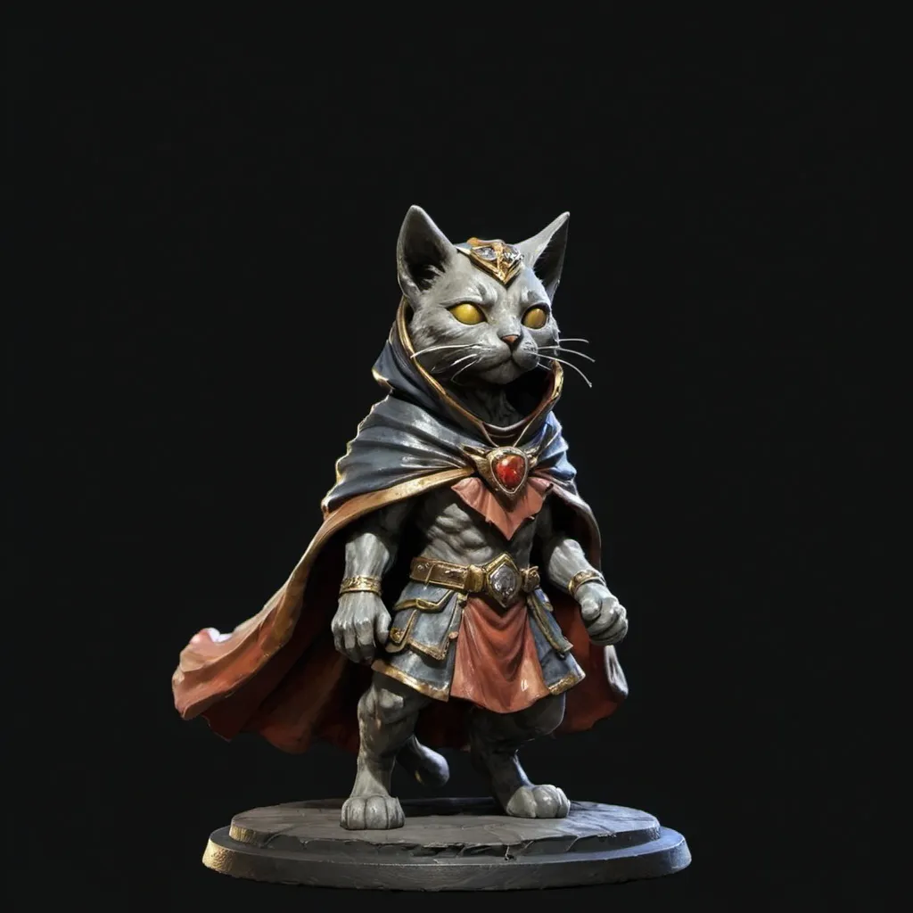 Prompt: a statue of a cat wearing a cape and a cape on its head, with a black background,, Altichiero, sots art, gloomhaven, a character portrait