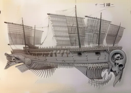 Prompt: the bone skull of a giant ram beast marks the prow of this fantasy flying wooden war ship with multiple chinese style sails and the bone armor of a great fantasy beast serving as battle armor on the wooden hull of the ship.  She sails in the air over mountains and castle defenses of a great keep.  