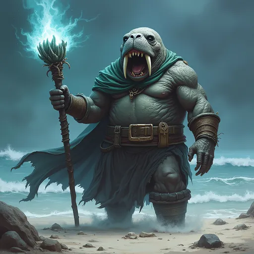 Prompt: dungeons and dragons style hero - Anthropomorphic Walrus necromancer wizard, summoning up the undead bones of dead fish and whales from the very sea to attack soldiers on the beach