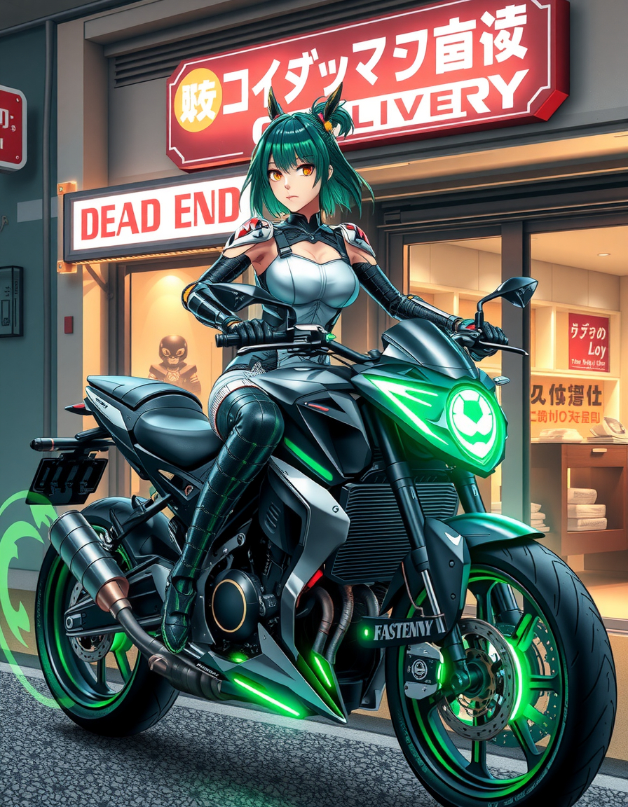 Prompt: Japanese superhero on futuristic motorcycle - she has green hair lit by inner woven LED lights, and a cybernetic arm.  Her bike glows green.  Behind her is a cybernetic store front, labeled "Dead End Delivery"