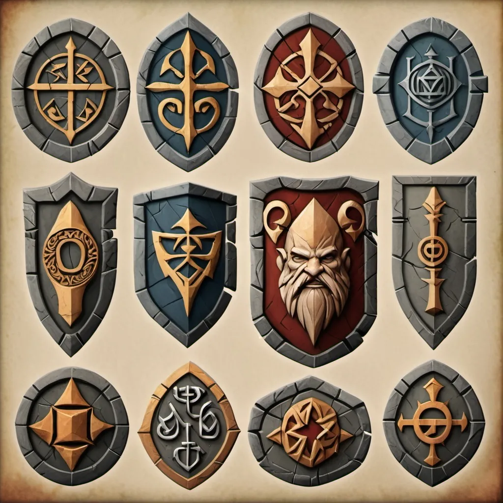 Prompt: Dwarven Stone Carved Heraldry for the differing Dwarven Noble Clans.  A ring of Stone Pillars, seven in all, each with a different stone carved sigil of heraldry.