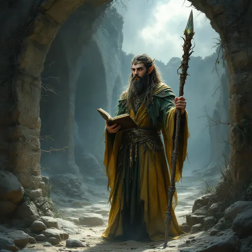 Prompt: Emerging from the shadows of an ancient, mystical arched ruin buried in dust and thorns, a striking figure of a younger wilder fae inspired bearded elf of near wild proportions and mythic wisdom - clutching a wizards spell book and staff looks about to make sure the perimeter is safe - he is a wizard of thorn and briar, a fey lost child touched by the insanity of the faeirie realm itself.  his robes are craft of green and yellowed leather, with copper circlet on his brow and over his ears painted a spiderweb white.  his staff is hand carved of elder wood, and shines with imbedded crystals up and down its shaft.  