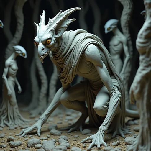 Prompt: Emerging from a surreal and stylized setting, a foreboding, humanoid figure crouches menacingly amidst intricate, twisted forms that suggest a world teeming with dark fantasy. The creature, crafted in shades of gray, boasts elongated limbs and a grotesque, avian-like head, with piercing yellow eyes that enhance its eerie presence. Draped in tattered layers of fabric that seem to blend seamlessly with its form, it exudes an ominous energy, poised as if ready to spring into action. The environment, subtly lit by overhead fixtures, features additional abstract creatures that echo the ominous style of the central figure, creating a sense of depth and otherworldliness. This sculptural piece captures a narrative steeped in mystery and foreboding, engaging the viewer with its striking design and the palpable tension of an impending encounter.