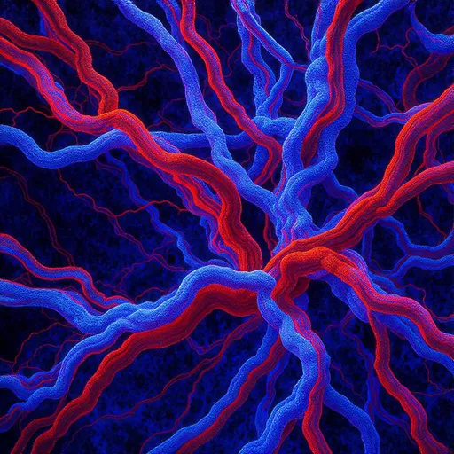 Prompt: A striking abstract composition unfolds in shades of deep blue and vibrant red, where intricate, almost organic patterns intertwine across the canvas. The bold blue background is punctuated by tangled, vein-like formations in red, creating a captivating contrast that draws the eye to the complex textures. This interplay between colors evokes a sense of depth and movement, suggesting a microscopic view of cellular structures or geological formations. The layering of colors and lines conveys a dynamic energy, transforming scientific imagery into an artistic expression that invites contemplation of both nature and abstraction. The overall mood is both mysterious and visually engaging, sparking curiosity about the interconnectedness of form and color.