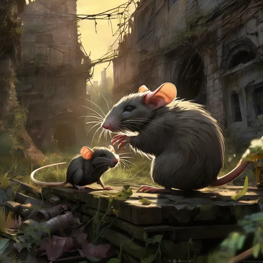 Prompt: post apocalyptic secret of nymh rats surviving in a new growing society