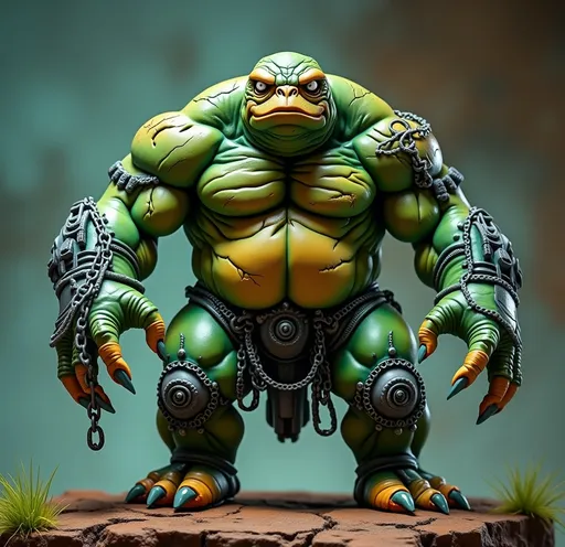 Prompt: Perched dynamically on a textured brown rocky base with tufts of painted grass, a formidable, multi color-hued fat HULKING biosynthetic chem fed creature with glowing green chemical pumps tubing working into and out of fat rolls and muscles making the creature a military menace -  WITH BROKEN CHAINS HANGING stands out, as well as ripped and torn lab subject apparrel - showcasing a blend of organic and mechanical flowing tube elements. It features a slender neck topped with an expressive head, where wide, white eyes peer with an intriguing mix of intelligence and curiosity. Encasing its shoulders is a futuristic armor adorned with intricate designs, while it grips a bulky weapon that augments its fierce appearance. The contrasting colors of matte and glossy paint bring depth to the figure, capturing attention with its vibrant accents, like hints of orange and green on the weapon. This impressive miniature evokes a sense of action and storytelling, suggesting a narrative steeped in a sci-fi universe where technology meets primal instincts.