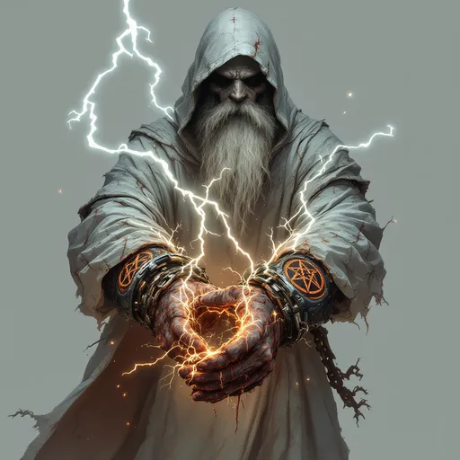 Prompt: arcane sigils burned into his rusted chained manacles normally would prevent the wizard from casting spells, but he, with sheer force of will, has tapped into the arcane magic of his captors power and uses the manacles to focus his spell energy at his captors with a crackle of lightening.  