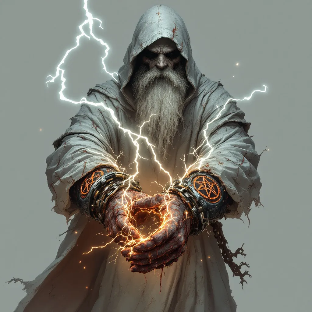 Prompt: arcane sigils burned into his rusted chained manacles normally would prevent the wizard from casting spells, but he, with sheer force of will, has tapped into the arcane magic of his captors power and uses the manacles to focus his spell energy at his captors with a crackle of lightening.  