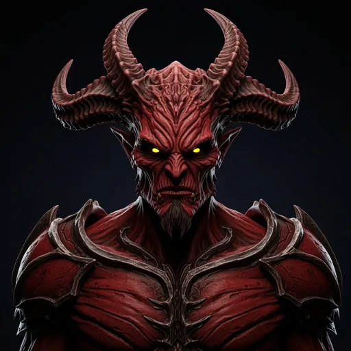 Prompt: Emerging from the darkness, a strikingly detailed figure embodies a mythical demon, characterized by its imposing horns that curve sharply upwards, surrounded by textured, rugged skin reminiscent of tree bark. The fierce countenance, with deep-set eyes and a furrowed brow, expresses an intense, almost primal energy, accented by the vivid red tones that contrast sharply against the dark background. This creature's chest is intricately designed with layers of hardened, steel-like material, adding to its menacing presence. The lighting emphasizes the rough textures and contours of its face and body, creating a dramatic interplay of shadow and light that enhances its terrifying yet fascinating nature. The overall composition evokes a sense of awe and unease, inviting viewers to ponder the stories and myths surrounding such a formidable being.  Overall what stands out the most is the glow of its yellow poison eyes... and how they glare at the viewer.  