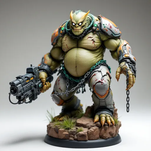 Prompt: Perched dynamically on a textured brown rocky base with tufts of painted grass, a formidable, multi color-hued fat HULKING biosynthetic chem fed creature with glowing green chemical pumps tubing working into and out of fat rolls and muscles making the creature a military menace -  WITH BROKEN CHAINS HANGING stands out, as well as ripped and torn lab subject apparrel - showcasing a blend of organic and mechanical elements. It features a slender neck topped with an expressive head, where wide, white eyes peer with an intriguing mix of intelligence and curiosity. Encasing its shoulders is a futuristic armor adorned with intricate designs, while it grips a bulky weapon that augments its fierce appearance. The contrasting colors of matte and glossy paint bring depth to the figure, capturing attention with its vibrant accents, like hints of orange and green on the weapon. This impressive miniature evokes a sense of action and storytelling, suggesting a narrative steeped in a sci-fi universe where technology meets primal instincts.