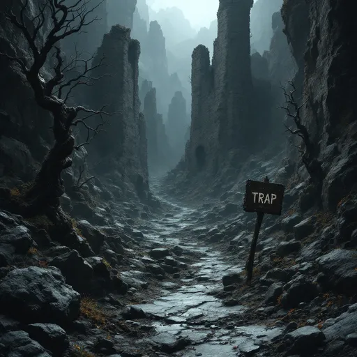 Prompt: Amidst a shadowy, rocky terrain, a haunting landscape of ruins emerges, dominated by crumbling towers of grey stone, their surfaces etched with the wear of time. Twisted branches reach out from the jagged rocks, enhancing the eerie atmosphere, while patches of dark, textured earth blend seamlessly with skeletal remains of ancient structures. A small sign marked "TRAP" adds an unsettling hint of danger, drawing the eye deeper into this forsaken scene where light is scarce and shadows reign. The overall composition captures a sense of decay and foreboding, evoking an air of mystery that invites curiosity about the stories hidden within the ruins. The subdued color palette, primarily in shades of grey and brown, coupled with the intricate details of the terrain, creates an immersive tableau that speaks of forgotten histories and lurking threats.