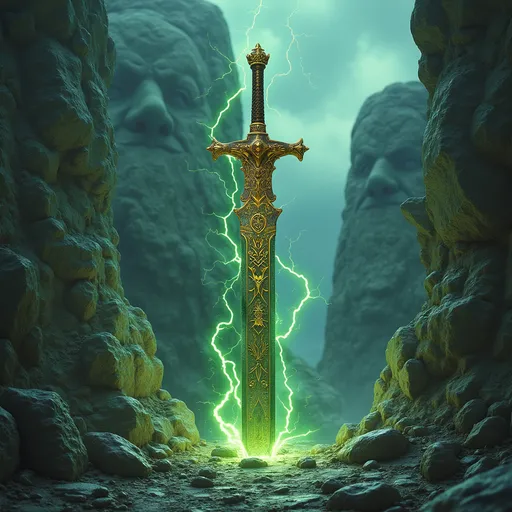 Prompt: A magnificent ancient sword stands upright, seemingly emerging from uncut marbled stone, its blade surging with electric green lightning kissing and striking down its length, illuminating intricate golden hand carved engravings along the blade. The hilt, adorned with ornate details and a woven leather textured grip, displays the remnants of rust and decay, suggesting the age of the ancient and powerful weapon. the swords placement rising from the stone is on a cliffs edge overlooking a valley between three ancient mountains carved with the visage of old dwarven kings... the valley a testament to the might of long dead armies and the power of magic that once sang in the hollows between the stones.  